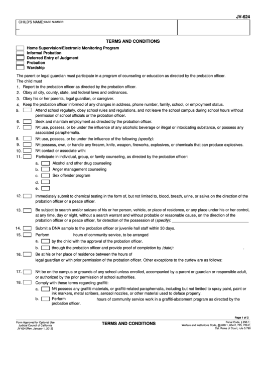 Fillable Jv 624 Terms And Conditions Printable pdf
