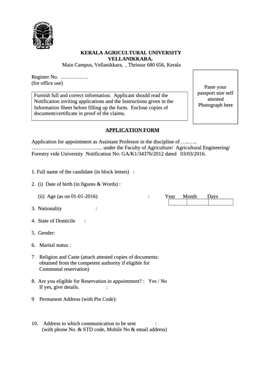 Application Form - Kerala Agricultural University Printable pdf