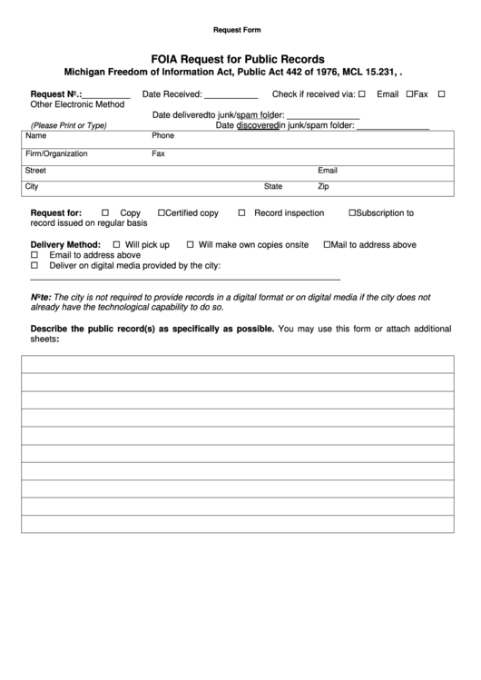 Foia Request Form - City Of Linden Printable pdf