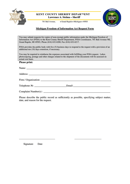 Michigan Freedom Of Information Act Request Form Printable pdf