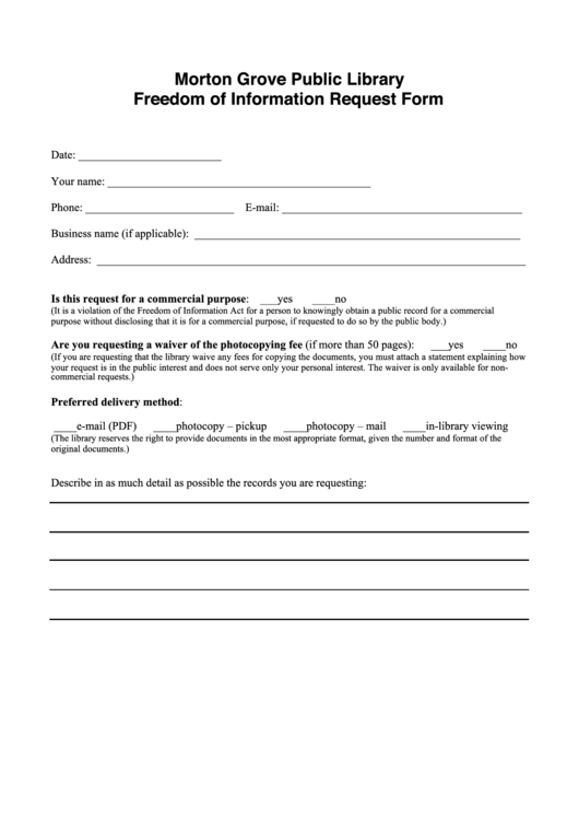 Morton Grove Public Library Freedom Of Information Request Form Printable pdf