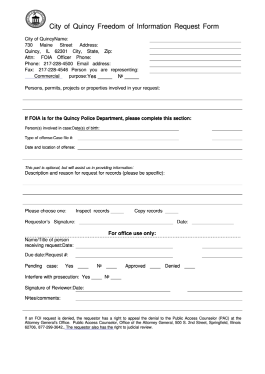 City Of Quincy - Freedom Of Information Request Form Printable pdf