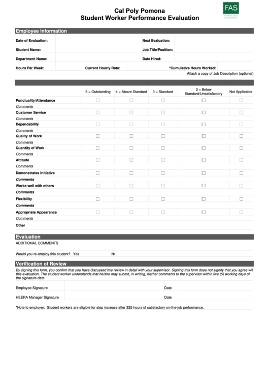 Fillable Student Worker Performance Evaluation Printable pdf