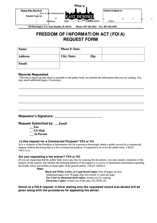 Freedom Of Information Act (Foia) Request Form - East Dundee, Il Printable pdf