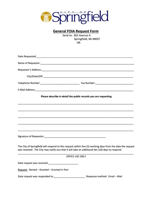 General Foia Request Form - City Of Springfield Printable pdf