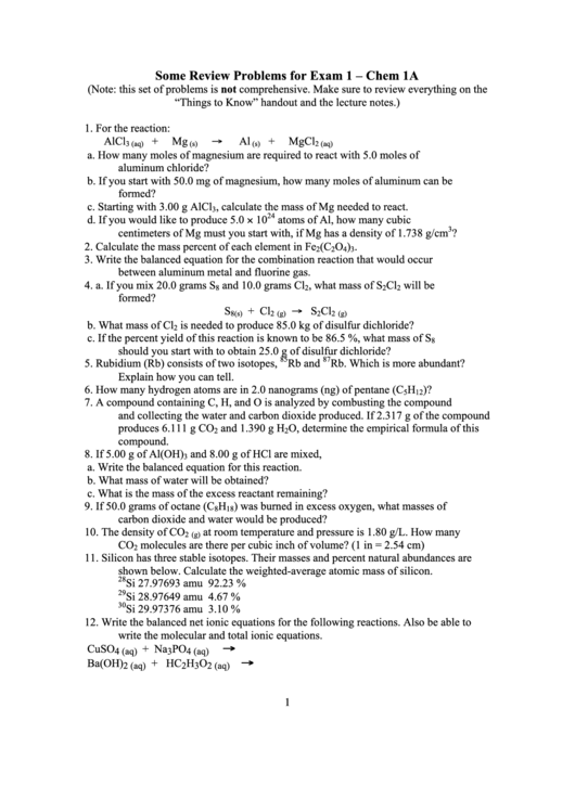 Some Review Problems For Exam 1 Chem 1a Printable pdf