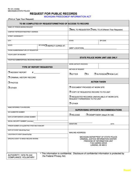 Fillable Request For Public Records Michigan Freedom Of Information Act Printable pdf