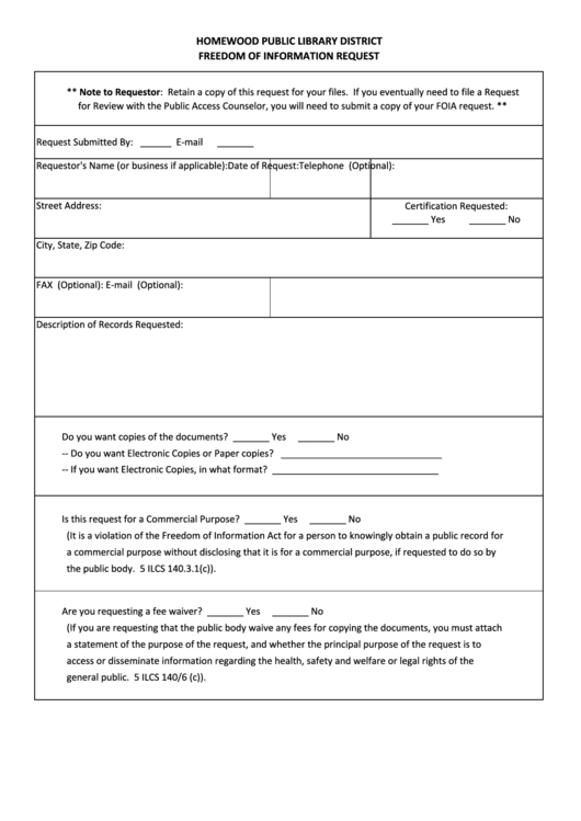 Homewood Public Library District Freedom Of Information Request Template Printable pdf