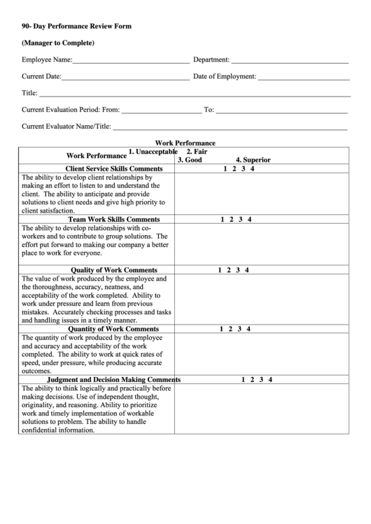90 Day Performance Review Form printable pdf download