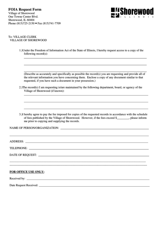 Foia Request Form - Village Of Shorewood Printable pdf