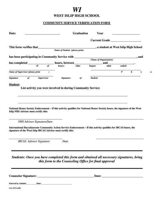 West Islip High School Community Service Verification Form Printable pdf