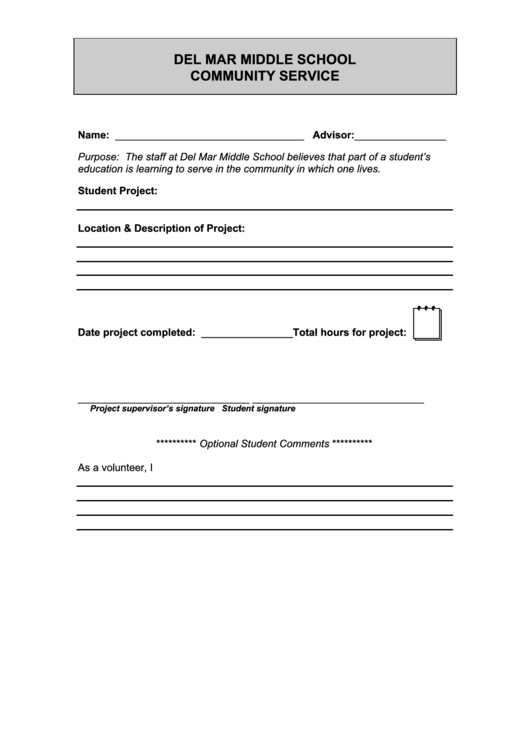 Del Mar Middle School Community Service Printable pdf
