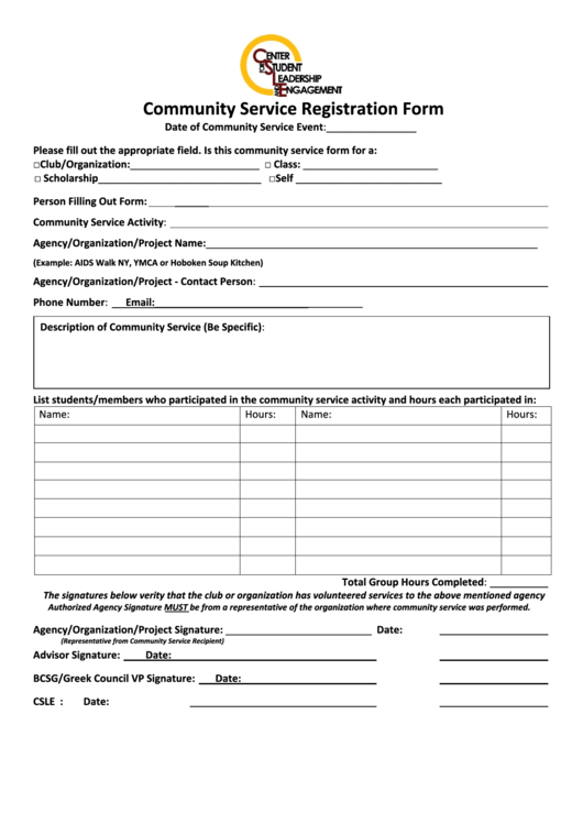Fillable Community Service Registration Form Printable pdf