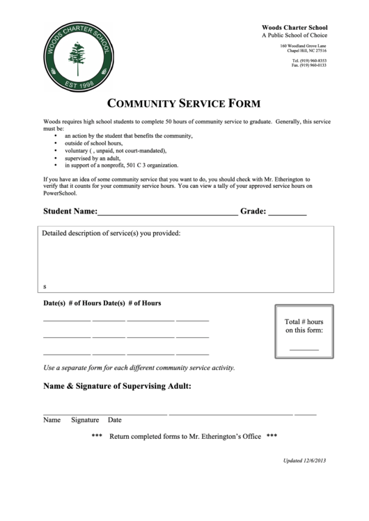 Community Service Form - Woods Charter School Printable pdf