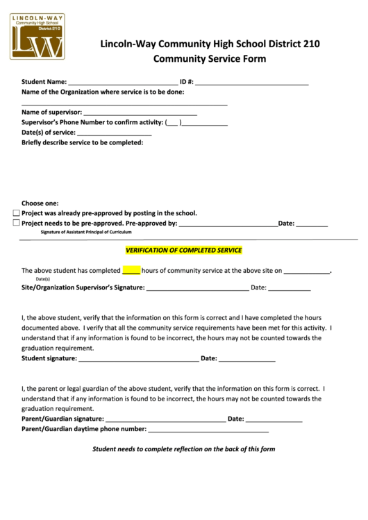 Lincoln-Way Community High School District 210 Community Service Form Printable pdf