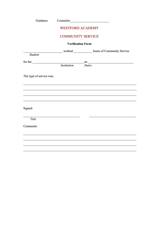 Westford Academy Community Service Verification Form Printable pdf