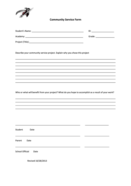 Community Service Form - Coral Gables Senior High Printable pdf