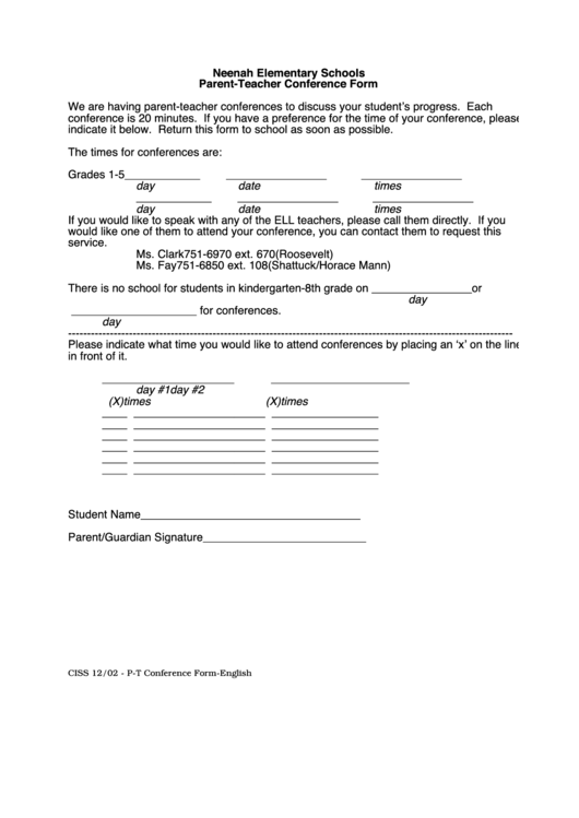 Neenah Elementary Schools Parent-Teacher Conference Form Printable pdf