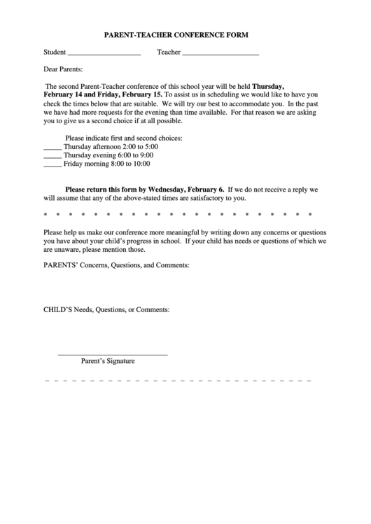 Parent-Teacher Conference Form Printable pdf
