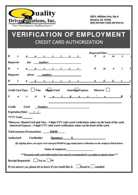 Verification Of Employment Credit Card Authorization Printable pdf