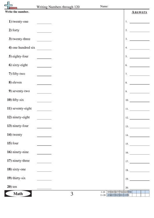 Writing Numbers Through 120 Worksheet With Answer Key Printable pdf