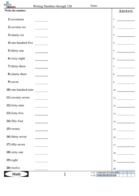 Writing Numbers Through 120 Worksheet With Answer Key Printable pdf