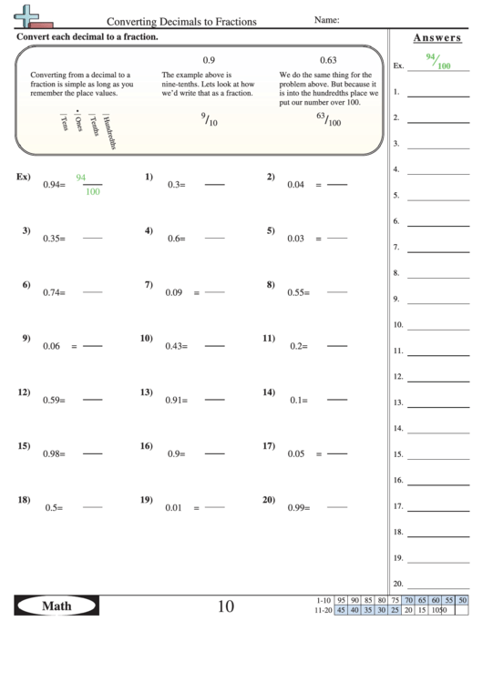 converting decimals to fractions worksheet with answer key