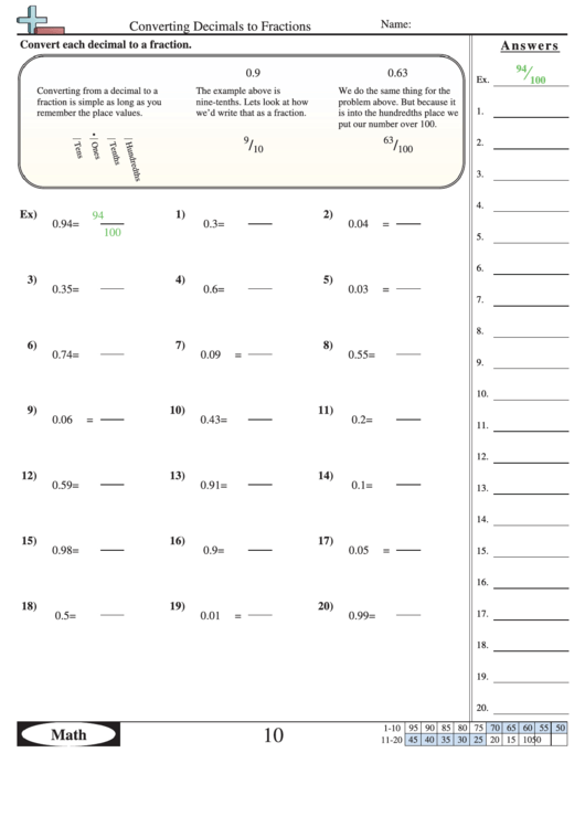 Converting Decimals To Fractions Worksheet With Answer Key Printable