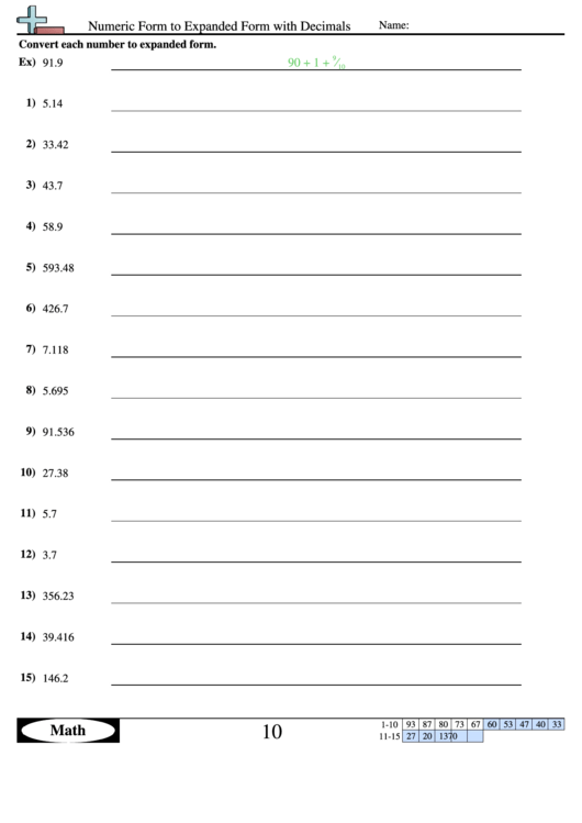 Expanded Form Worksheets Numeric Form To Expanded Notation With Decimals Printable pdf