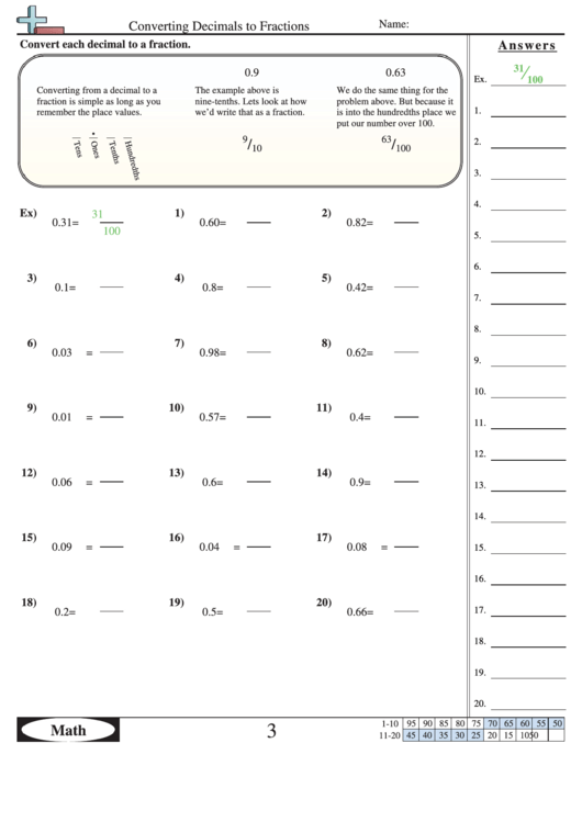 Converting Decimals To Fractions Worksheet With Answer Key Printable pdf