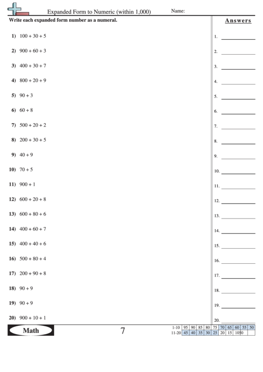 Expanded Form To Numeric (Within 1,000) Worksheet With Answer Key Printable pdf