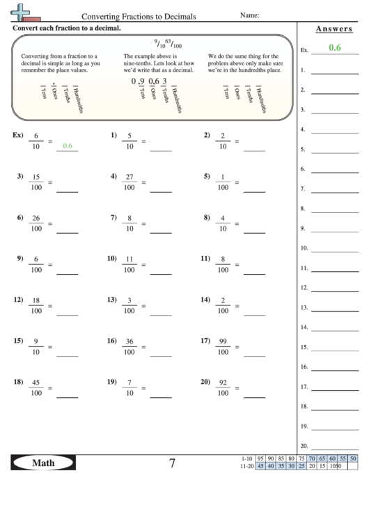 Converting Fractions To Decimals Worksheet With Answer Key Printable pdf