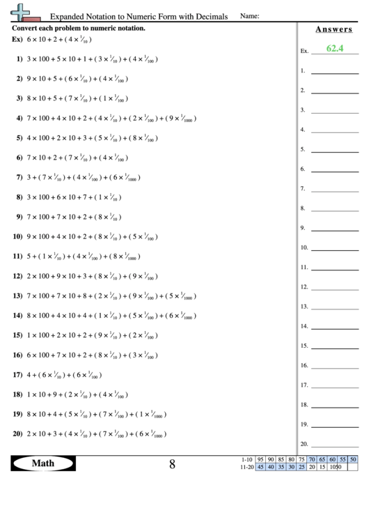 Expanded Notation To Numeric Form With Decimals Worksheet With Answer Key Printable pdf