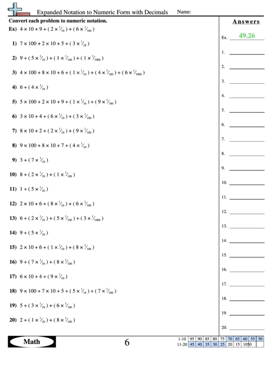 Expanded Notation To Numeric Form With Decimals Worksheet With Answer Key Printable pdf