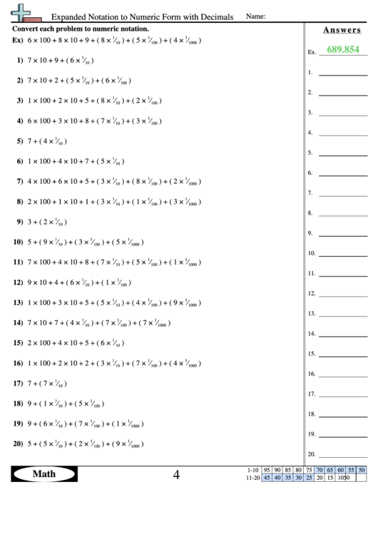 Expanded Notation To Numeric Form With Decimals Worksheet With Answer Key Printable pdf