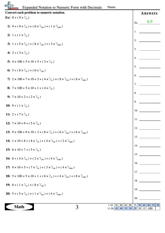 Expanded Notation To Numeric Form With Decimals Worksheet With Answer Key Printable pdf