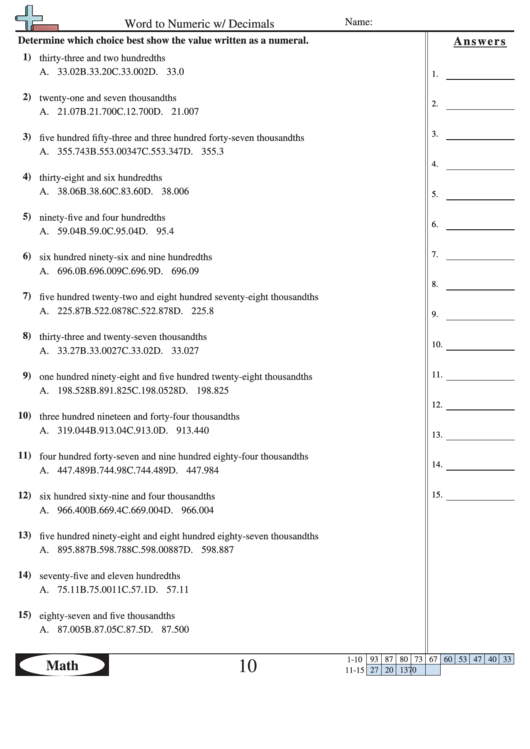 Expanded Form Worksheets Word To Numeric W/ Decimals Printable pdf