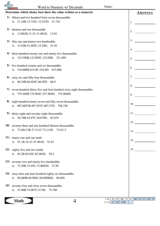 Expanded Form Worksheets Word To Numeric W/ Decimals Printable pdf