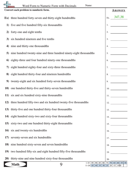 Word Form To Numeric Form With Decimals Worksheet With Answer Key Printable pdf