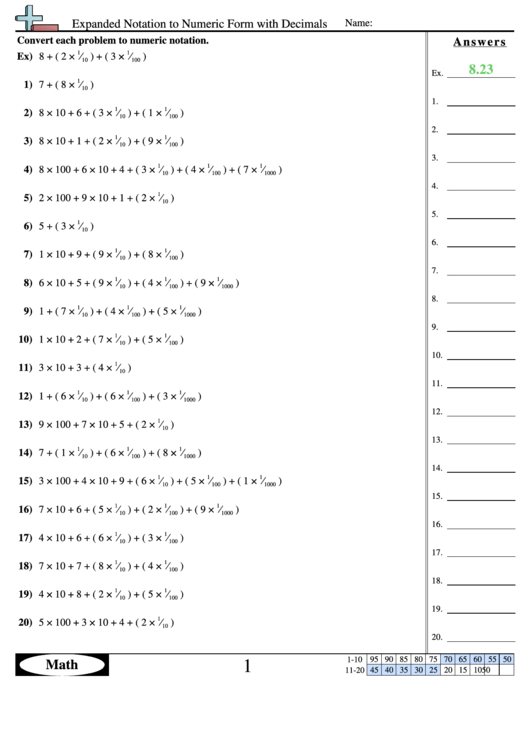 Expanded Notation To Numeric Form With Decimals Worksheet With Answer Key Printable pdf
