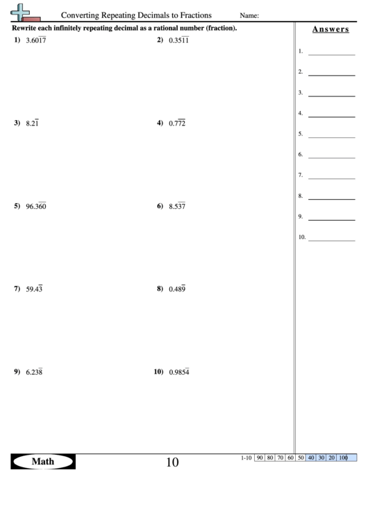 Converting Repeating Decimals To Fractions Worksheet With Answer Key Printable pdf