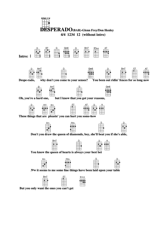 Desperado (Bar) - Glenn Frey/don Henley Chord Chart Printable pdf