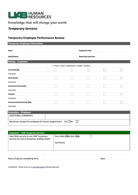 Fillable Temporary Employee Performance Review Printable pdf