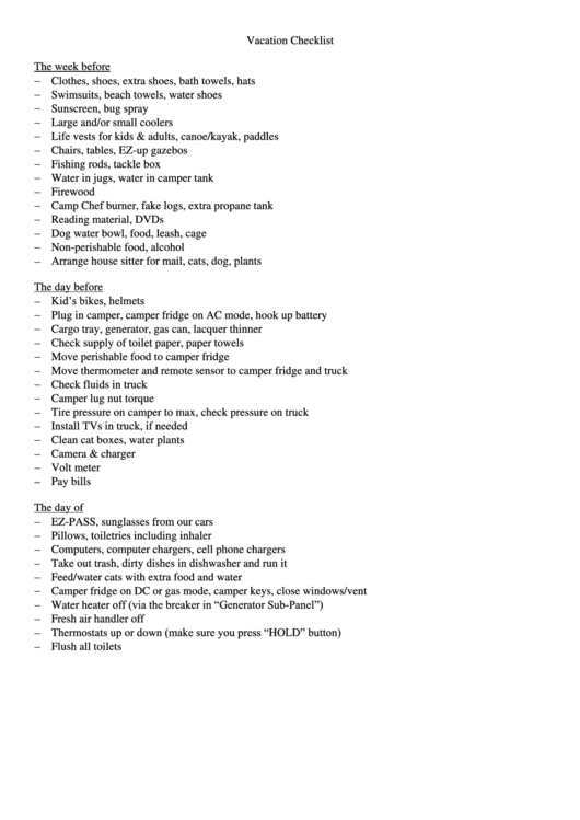 Vacation Checklist Printable pdf