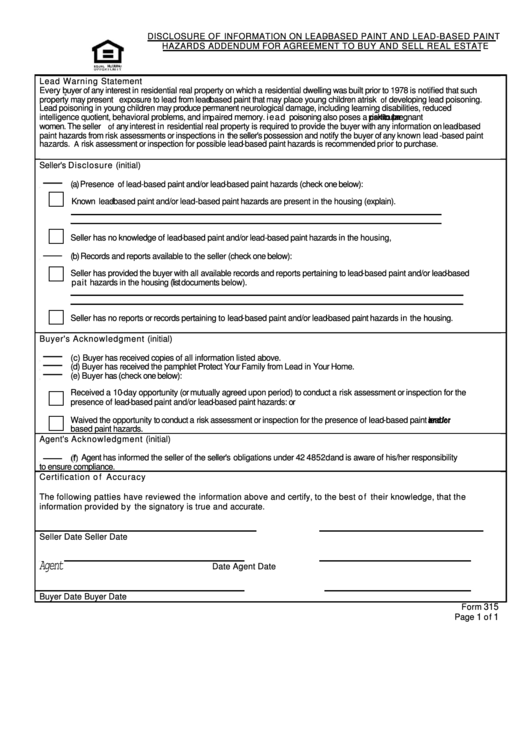 Fillable Disclosure Of Information On Lead-Based Paint And Lead-Based Paint Hazards Addendum For Agreement To Buy And Sell Real Estate Printable pdf