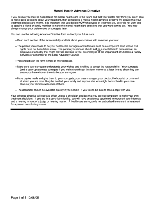 Mental Health Advance Directive Form Printable pdf