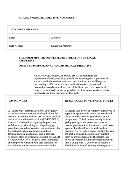 Advance Medical Directive Worksheet Printable pdf