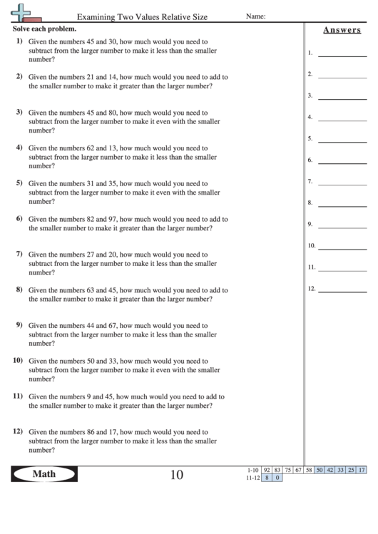 Examining Two Values Relative Size Worksheet With Answer Key Printable pdf