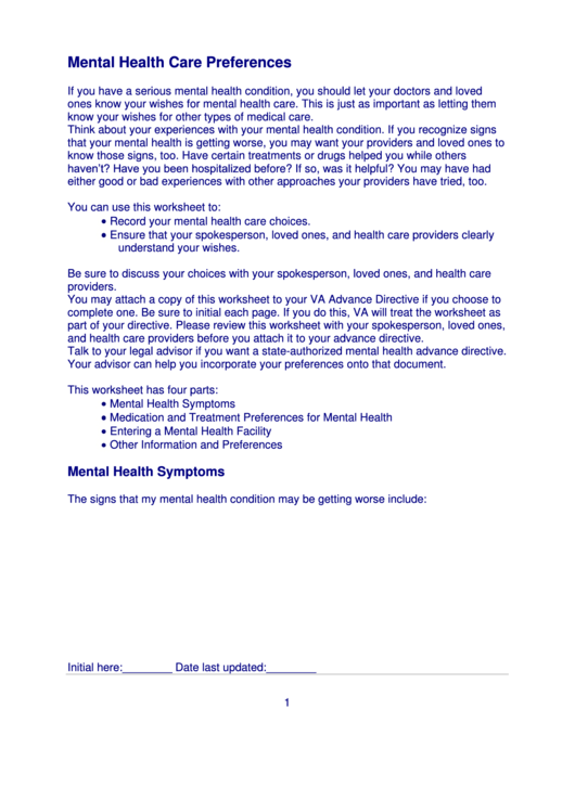 Mental Health Care Preferences Printable pdf