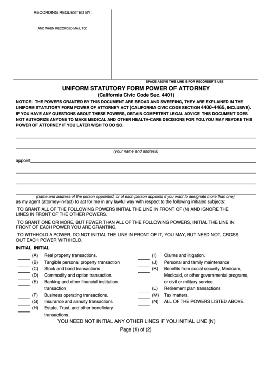 Uniform Statutory Form Power Of Attorney State Of California Printable Pdf Download